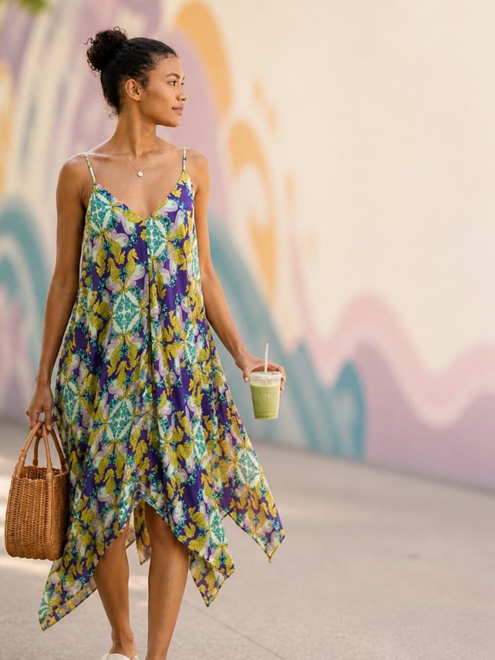 Anthropologie Seahorse Print Modal Midi Dress 1X Flowy Asymmetrical Artsy Resort